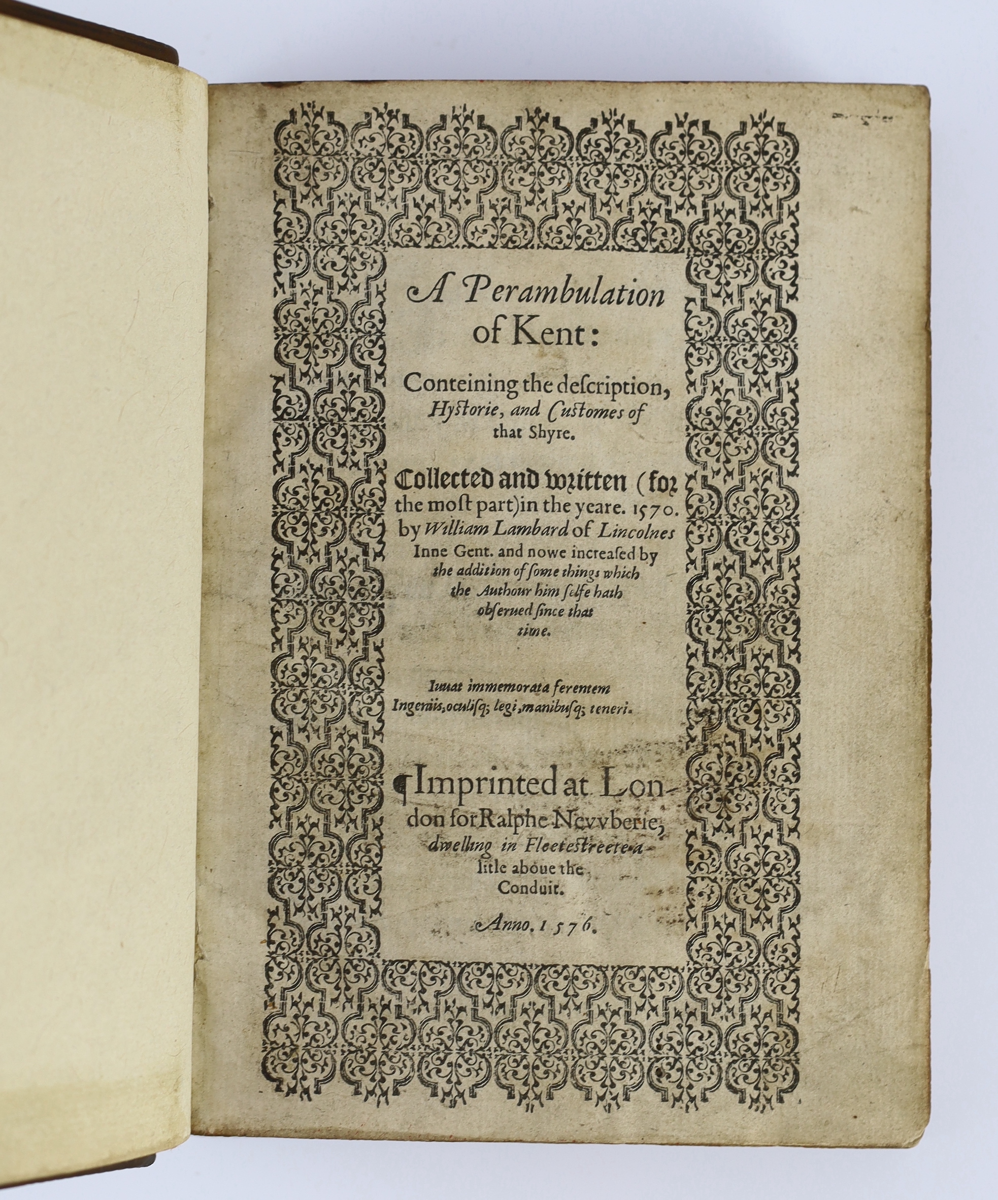 Lambarde, William - A Perambulation of Kent: conteining the description, hystorie, and customes of that shyre ... First Edition. title within decorated border, map, decorated and historiated initial letters, black letter